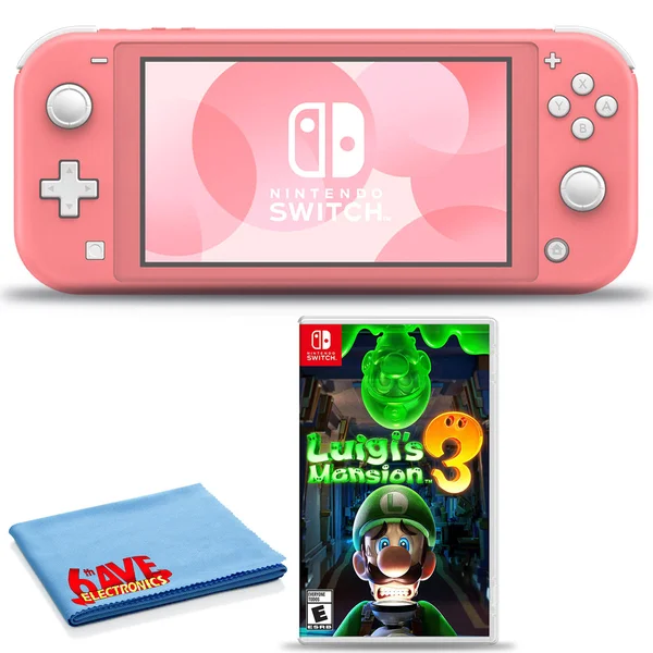 Nintendo Switch Lite (Coral) Bundle with Cleaning Cloth and Luigi's Mansion 3