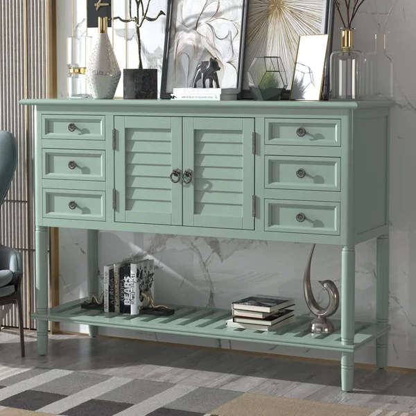 45&& Console Table Sofa Table with 6 Draweru0026 1 Cabinetu0026 1 Shelf, Green - Light Green - Wood