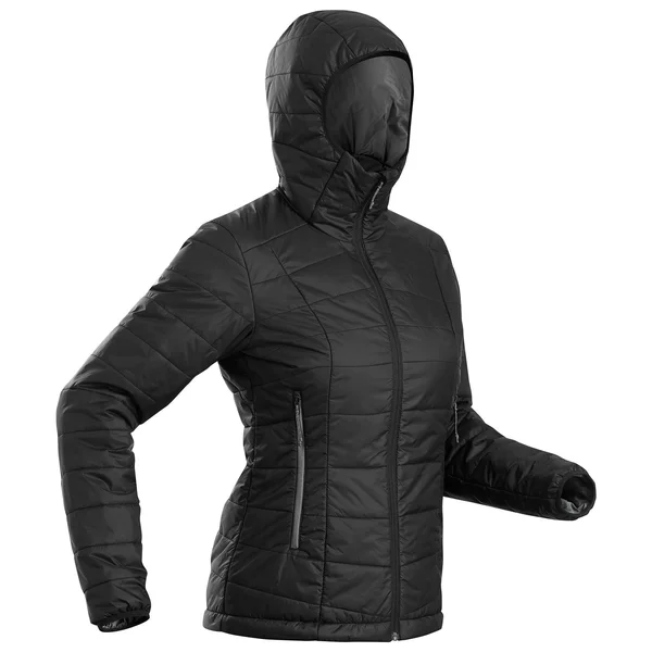 Forclaz Women's Trek 100, Light Backpacking Padded Down Jacket with Hoodie in Grey Blue, Size Xs