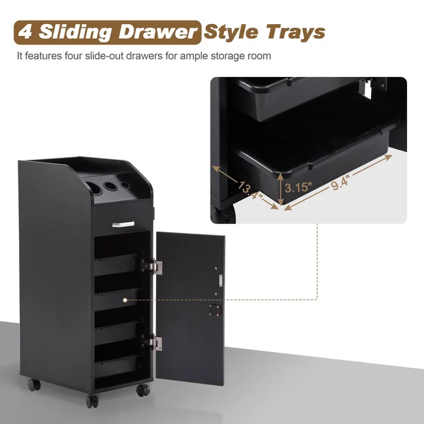 BarberPub Salon Trolley Storage Cart Coloring Beauty Hair Dryer Holder Stylist - Black