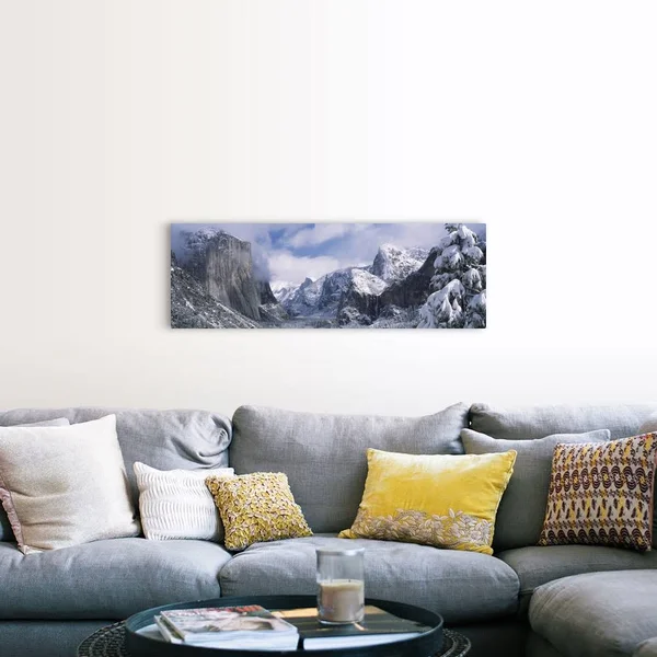Mountains and Waterfall in Snow - Tunnel VIEW, El Capitan, Half Dome, Bridal Veil, Yosemite Nation..., Canvas Wall Art, 48x16