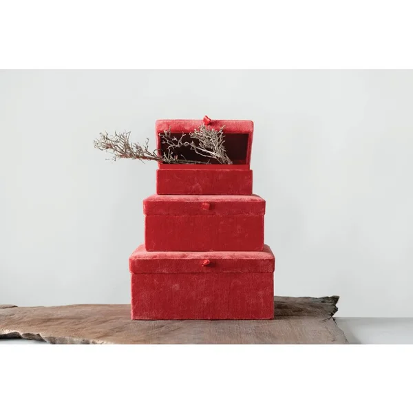 Creative Co-op Wood & Cotton Velvet Attached Lids (Set of 3 Sizes) Boxes, Persimmon