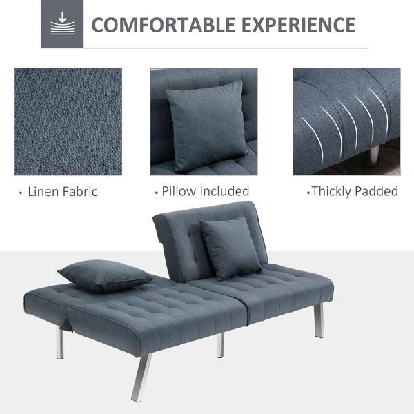 HOMCOM 2-Seater Convertible Sofa Bed with 7 Adjustable Angled Backrest Levels - 2 Pillows, and 5 Steel Legs - Grey
