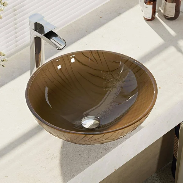 Rene R5-5025-R9-7007 16-5/8x22 Glass Vessel Bathroom Sink with Vessel Faucet Sink Beach Sand, Chrome