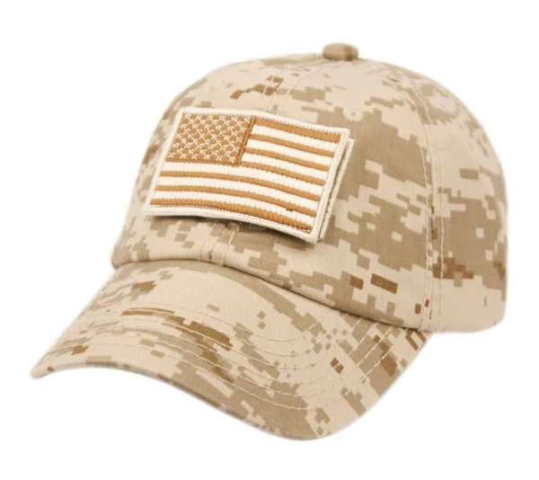 12 Wholesale Washed Cotton Baseball Cap with American Flag Patch in Digital Camo Brown