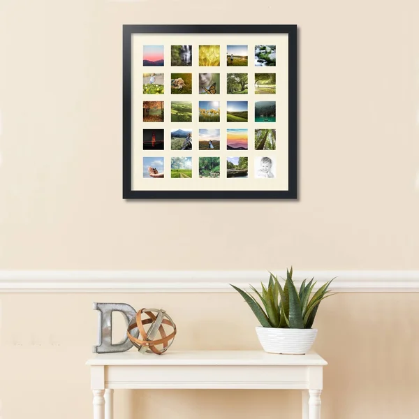 Collage Picture Frame, Satin Black Frame with 25 openings for 3x3 Photos with White Ivory Mat. D3926FY2093, ArtToFrames