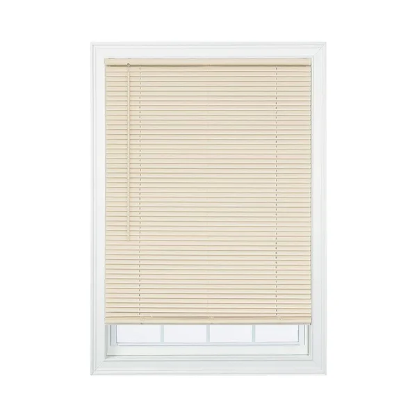 Project Source 1-in Slat Width 61.5-in x 64-in Cordless Ivory Vinyl Room Darkening Mini Blinds in Off-White, CCDDX6664-61.5