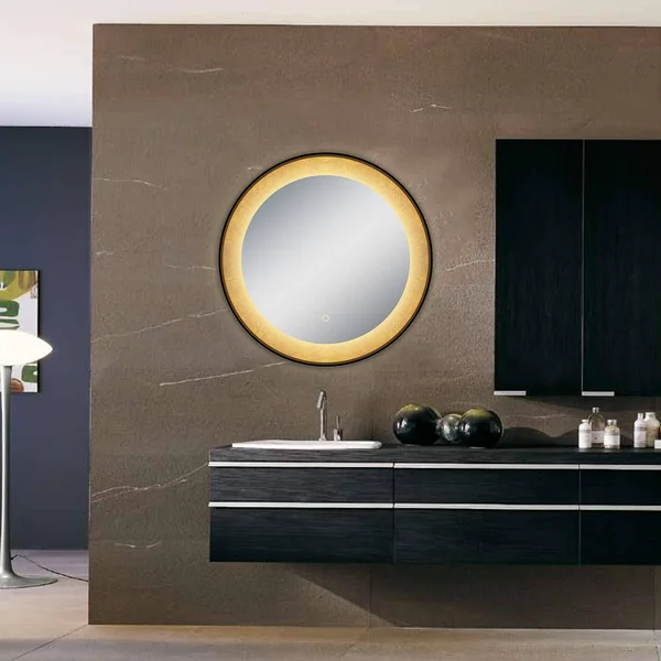 Dreamwerks 30 x 30 inch Round Wall-Mounted LED Vanity/Bathroom Mirror with Touch Switch - IP44 Waterproofing, and A Gold Frame