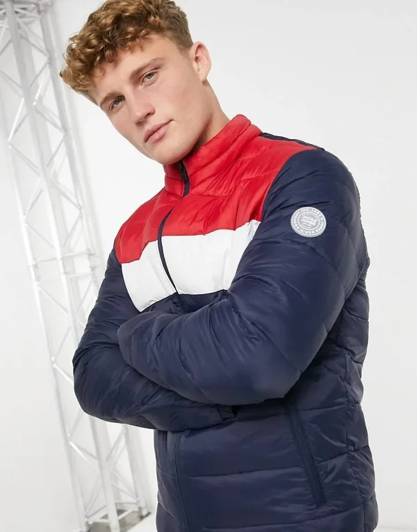 Jack & Jones Essentials Puffer Jacket with Collar in Navy Red & White