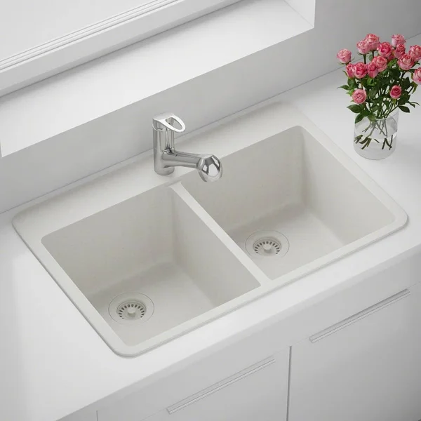 Mr Direct White Quartz Granite 33 in. Double Bowl Drop-in Kitchen Sink with Matching Strainers