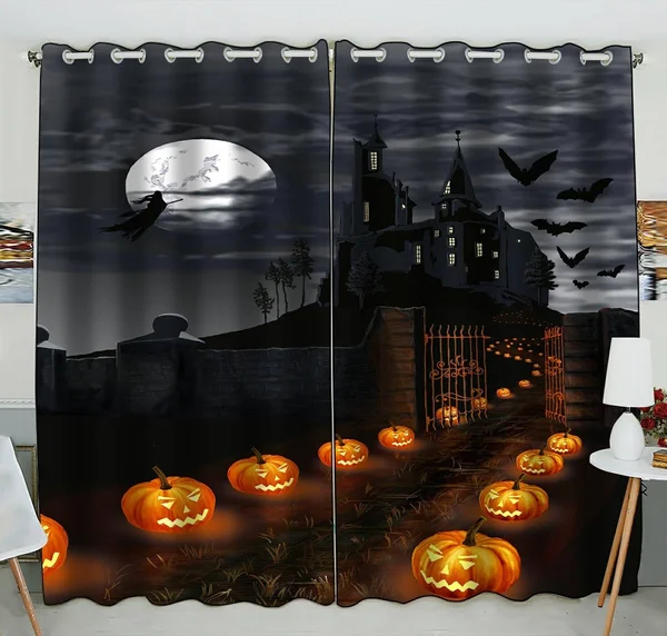 Phfzk Full Moon Window Curtain - Halloween Wizard Pumpkin Castle Window Curtain Blackout Curtain for Bedroom Living Room Kitchen