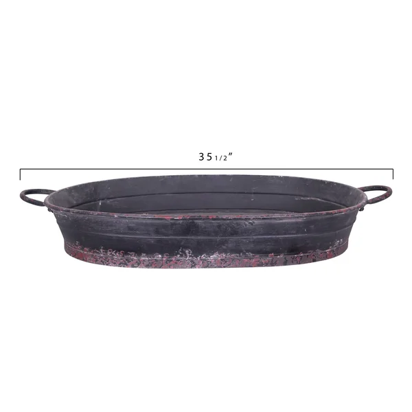 Oval Distressed Metal Tray with Handles (Black)