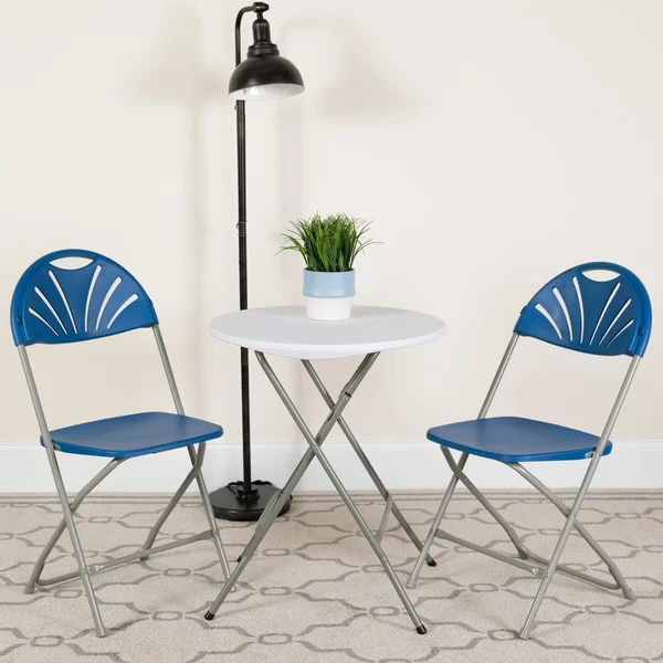 Emma and Oliver 2 Pack 650 lb. Capacity Blue Plastic Fan Back Folding Chair