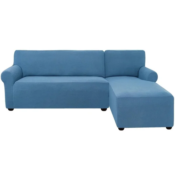 Subrtex L-Shaped Right Chaise Textured Grid Spandex Stretch Box Cushion Sofa Slipcover, Denim Blue, SBTRIGHT-DENIM Blue