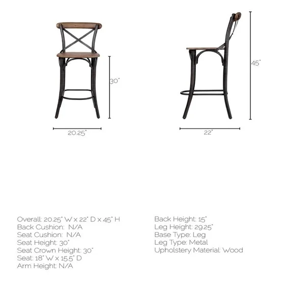 Maklaine 30x22 Seat Height Brown Wood Seat Black Metal Base Stool