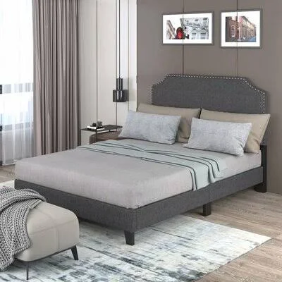 Modern Style Upholstered Platform Bed Frame Twin Size Bed Frame with Nailhead Trim Headboard - For Bedroom (Dark Grey) Latitude Ru