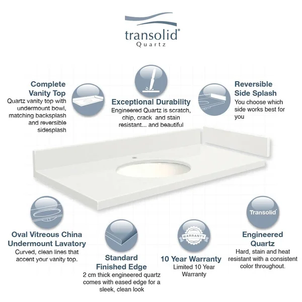 Transolid 31.25-in Natural White Quartz Bathroom Vanity Top, VT31.25X22-1OU-4W-1