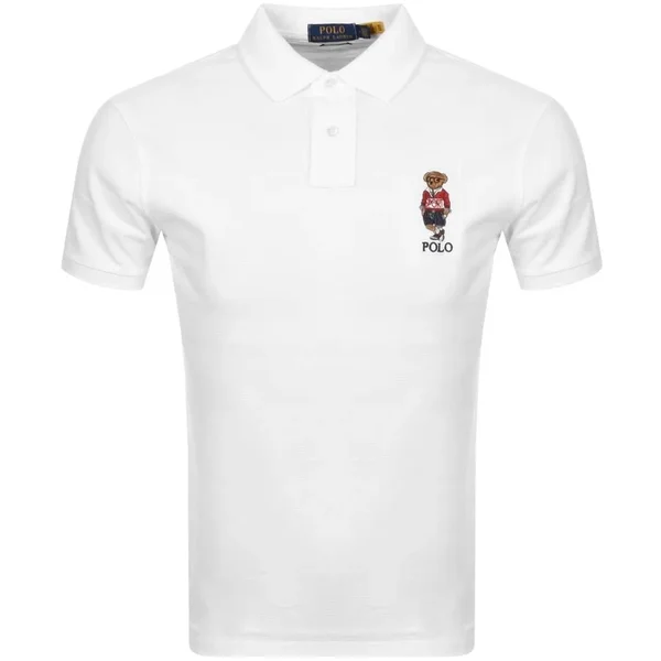 Polo Ralph Lauren Mens White Custom Slim Fit Polo Bear Polo Shirt