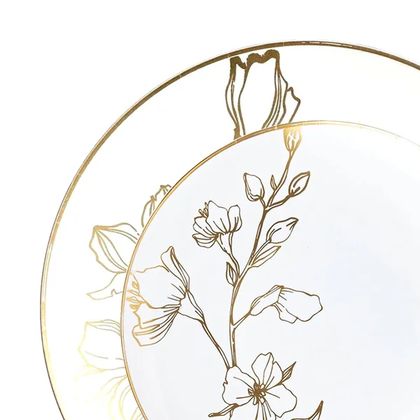 120 Dinner Plates + 120 Salad Plates - White with Gold Antique Floral Round Disposable Plastic Dinnerware Value Set
