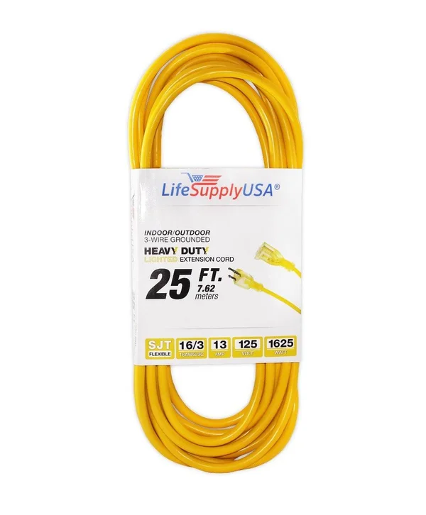 20 Pack - 16/3 25ft SJT 13 Amp 125 Volt 1625 Watt Lighted End Indoor/Outdoor Heavy Duty Extension Cord (25 Feet)