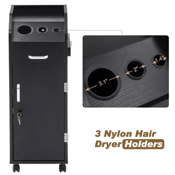 BarberPub Salon Trolley Storage Cart Coloring Beauty Hair Dryer Holder Stylist - Black