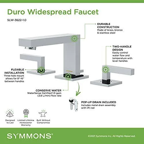 Symmons SLW-3622-1.0 Duro Widespread 2-Handle Bathroom Faucet with Drain Assembly in Polished Chrome (1.0 GPM)