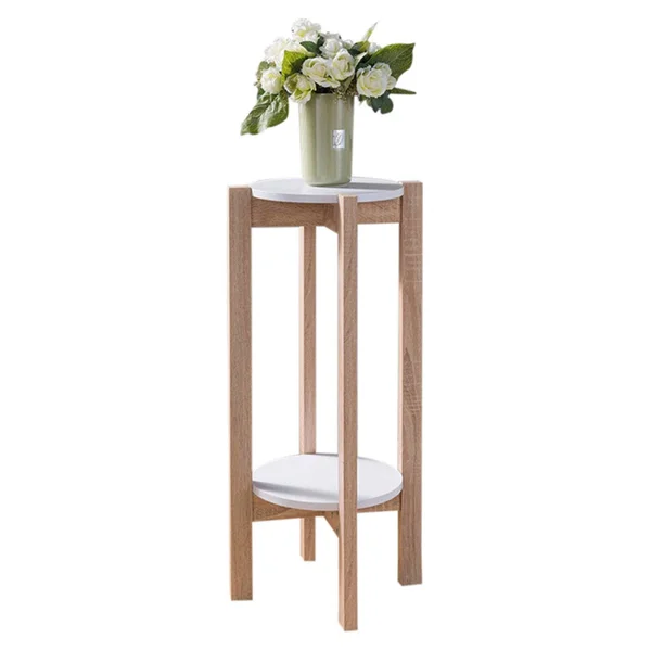 Natural Wood Plant Stand with Two Round Shelves Light Brown and White