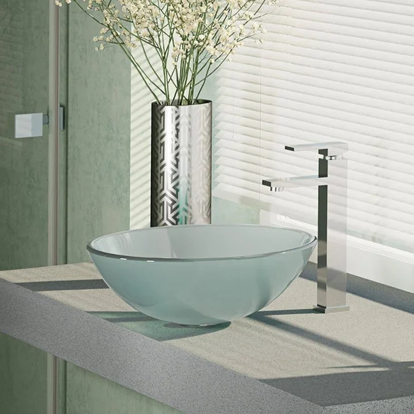 Rene R5-5002-R9-7003 16-1/2x22 Glass Vessel Bathroom Sink with Vessel Faucet Sink Frosted - Chrome