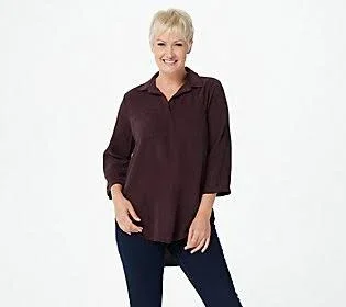 Side Stitch Tencerca Pull-Over Tunic with Roll Tab Sleeves - Size Medium, Plum