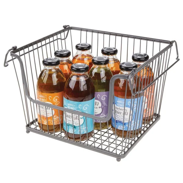 mDesign Modern Stackable Metal Storage Organizer Bin Basket with Handles - Open Front for Kitchen Cabinets, Pantry, Closets, Bed