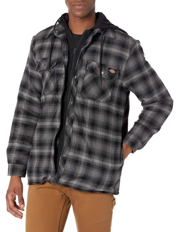 Dickies Men's Fleece Hooded Flannel Shirt Jacket with Hydroshield - Black Ombre Plaid Size XL (TJ211)