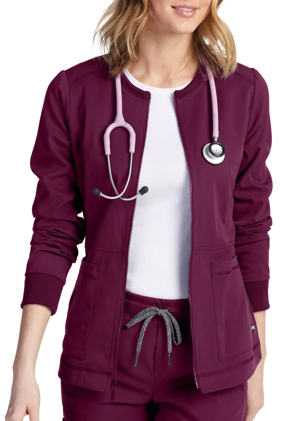 Grey&s Anatomy Spandex Stretch Millie 4 Pocket Round Neck Zip Front Scrub Jacket - Wine - Jackets Lab Coats & Scrub Jackets