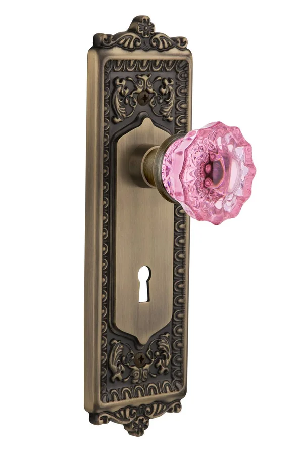 Nostalgic Warehouse Egg & Dart Plate Interior Mortise Door Knob - Pink Crystal, Antique Brass