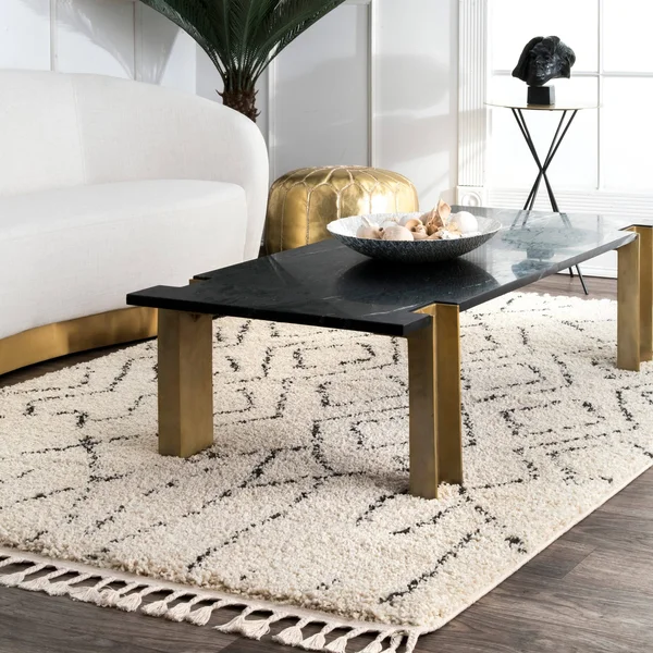 The Curated Nomad Philo Off-White Moroccan Tribal Geometric Shag Tassel Area Rug - 10& 2x22 x 14&