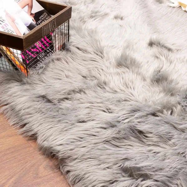Super Area Rugs Soft Faux Sheepskin Fur Fluffy Area Rug - Gray, 8& x 10&