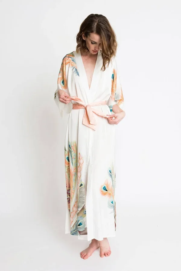 Peacock Feather Kimono Robe - Long - KIM + ONO white, one size