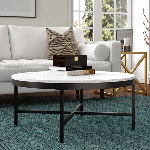 Hennu0026Hart Blackened Bronze Coffee Table with Faux Marble Top - CT0997
