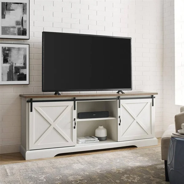 Welwick Designs 70 in. Reclaimed Barnwood and Brushed White Wood and Metal TV Stand Fits TVs Up to 80 in. with Sliding x Barn Do