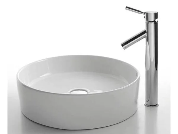 Kraus C-KCV-140-1002SN Round Ceramic Vessel Sink with Sheven Faucet White - Satin Nickel