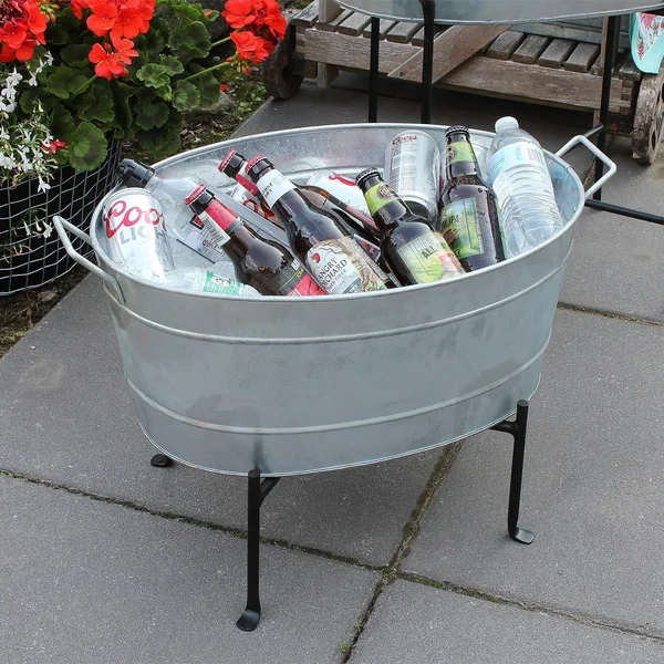 Achla Designs 24 in. W Steel Classic Oval Galvanized Tub with Folding Stand - Black