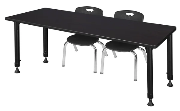 Regency Kee 72x22 x 30x22 Height Adjustable Classroom Table - Mocha Walnut & 2 Andy 12-in Stack Chairs- Black