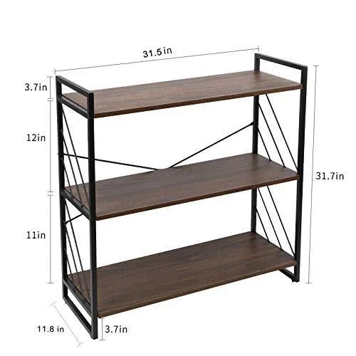 NOZE 3 Tier Industrial Bookshelf - Storage Rack Shelf for Home and Office, Rustic Bookcase, Walnut