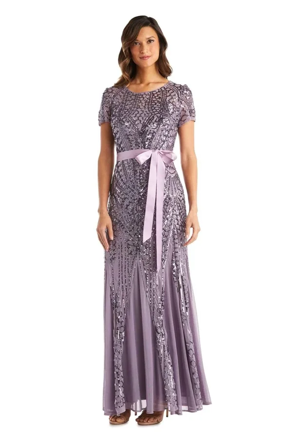 R & M Richards Sequin-Embellished Pleated Gown - Mocha