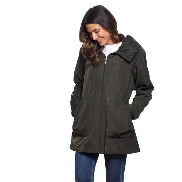 Martha Stewart Pleated Hood Rain Coat - Polyester in Deep Olive, Xs