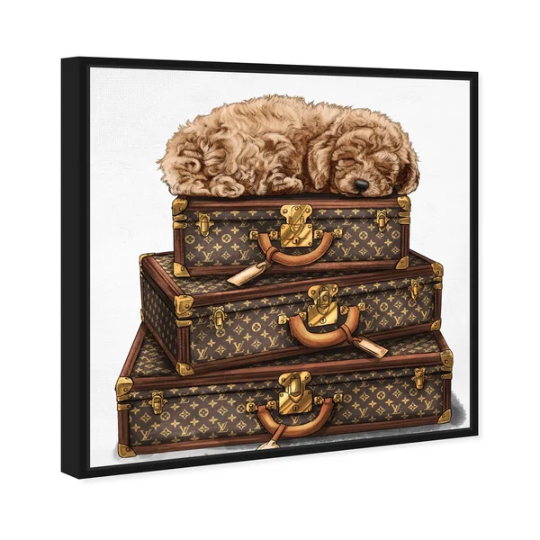 Oliver Gal Fashion and Glam Wall Art Framed Canvas Prints 'Sleeping Poodle' Travel Essentials - Brown, White - 24 x 24 - Gold