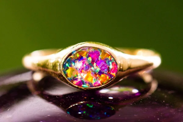 Golden Oval Ring - Purple & Green, 10 Silver and Opal Cremation Jewelry