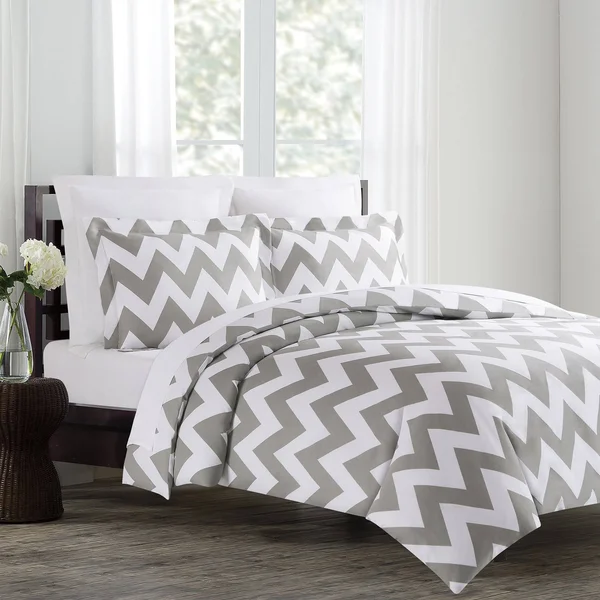 Echelon Home Chevron 3-Piece Cotton Duvet Cover Set Grey Full - Queen