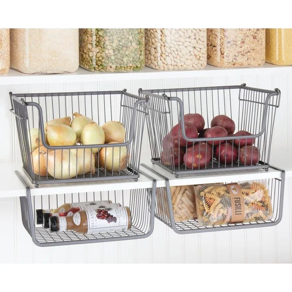 mDesign Modern Stackable Metal Storage Organizer Bin Basket with Handles - Open Front for Kitchen Cabinets, Pantry, Closets, Bed
