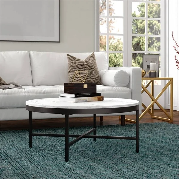 Hennu0026Hart Blackened Bronze Coffee Table with Faux Marble Top - CT0997