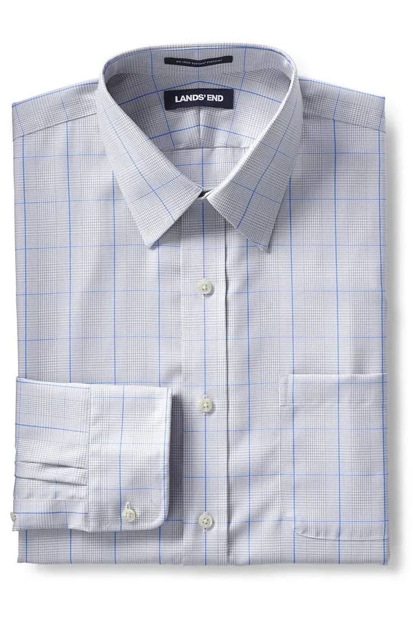Men's Traditional Fit Pattern No Iron Supima Pinpoint Straight Collar Dress Shirt - Lands& End - Gray - 14/32